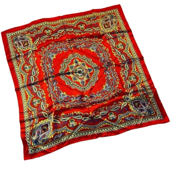 Vintage Red Paisley Rolled Edge Square Scarf - Picture 4 of 10